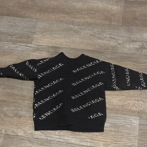 Balenciaga Black Crewneck Sweater with All-Over White Logo